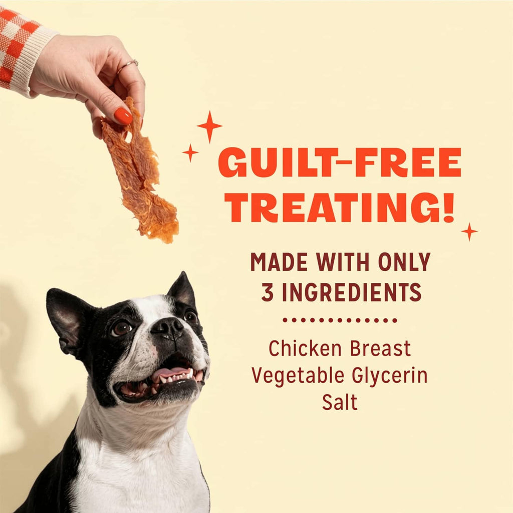 Chicken jerky dog treats with dog and 'guilt-free treating' text, 3 ingredients shown