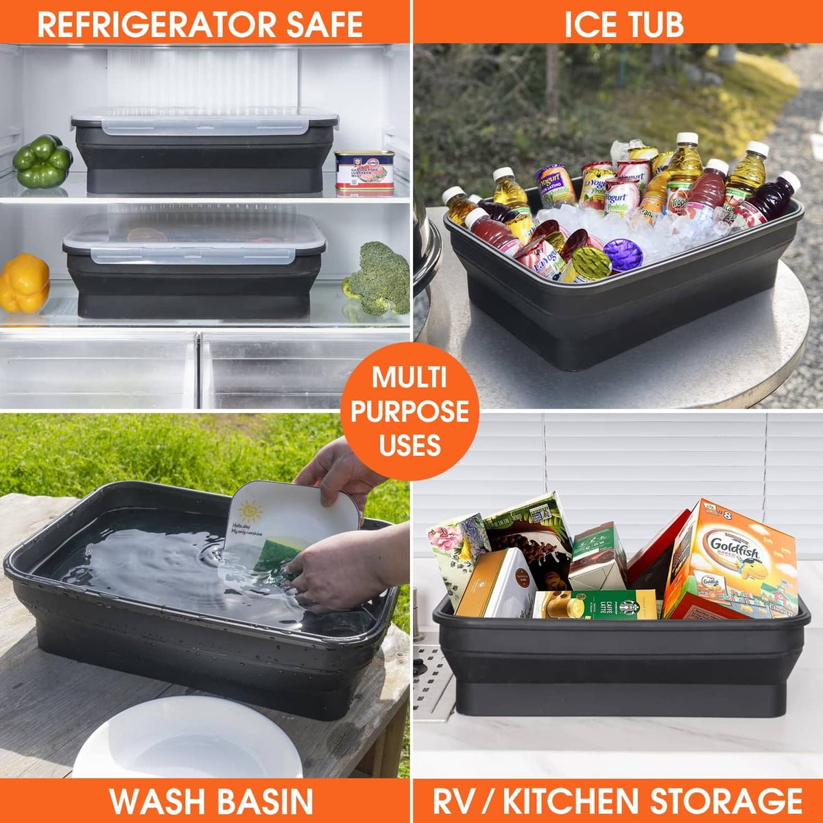 Collapsible silicone prep tub used for storage, black container with lid and groceries