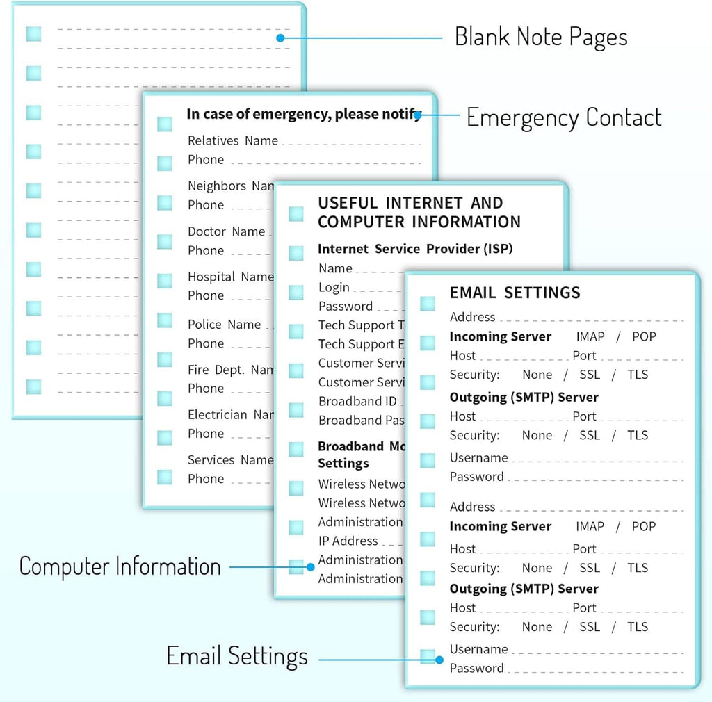 Password notebook layouts for emergency contact, useful internet info, and email settings