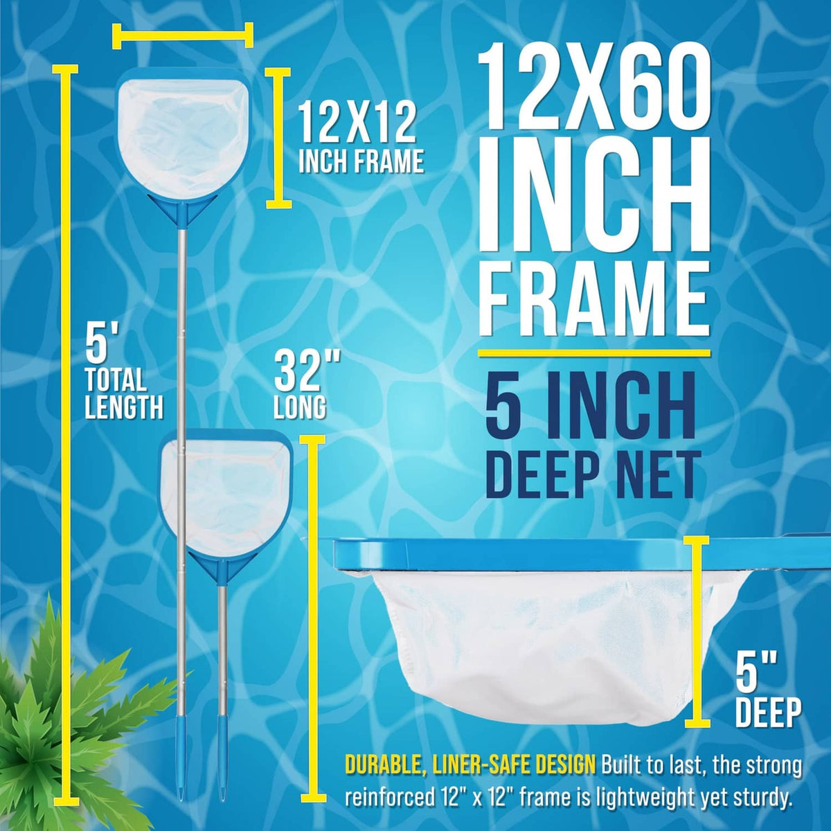 Teal pool skimmer net with white mesh bag and aluminum pole, 12 in frame.