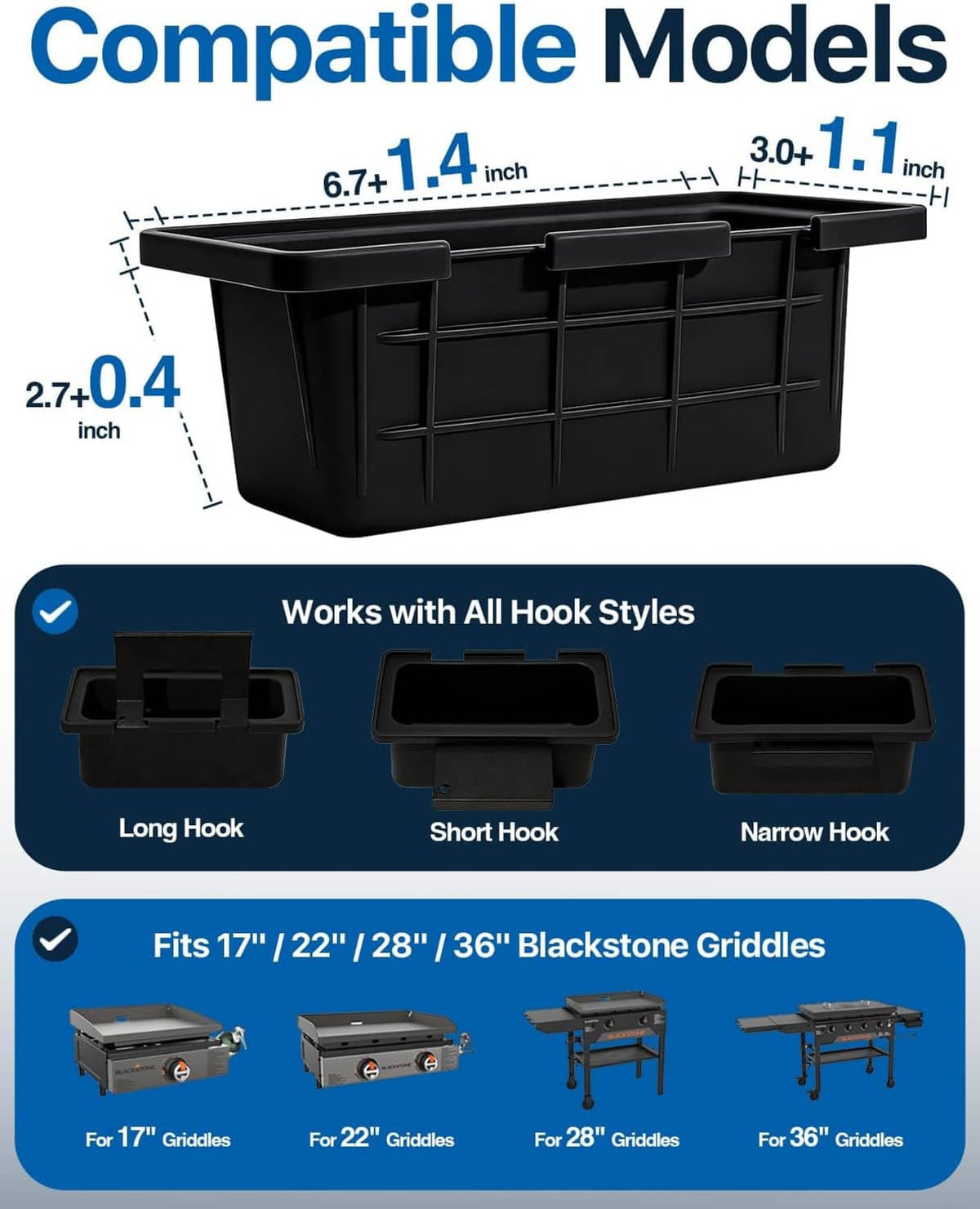Black silicone drip pan liner with sizing graphic and hook compatibility icons