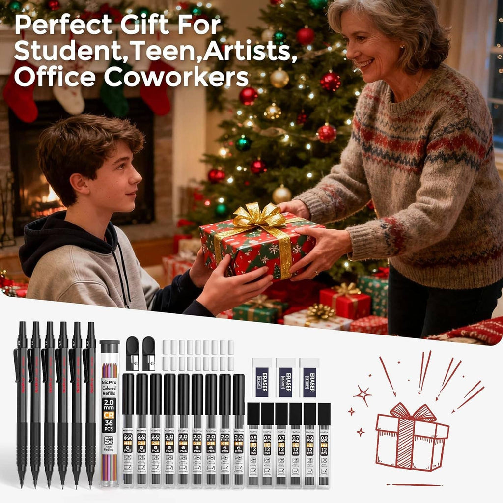 Mechanical pencil gift set with multiple black pencils and refill kits in an organizer case.