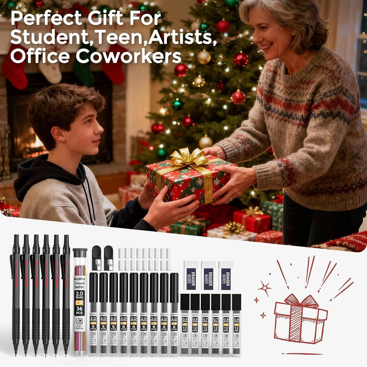 Mechanical pencil gift set with multiple black pencils and refill kits in an organizer case.