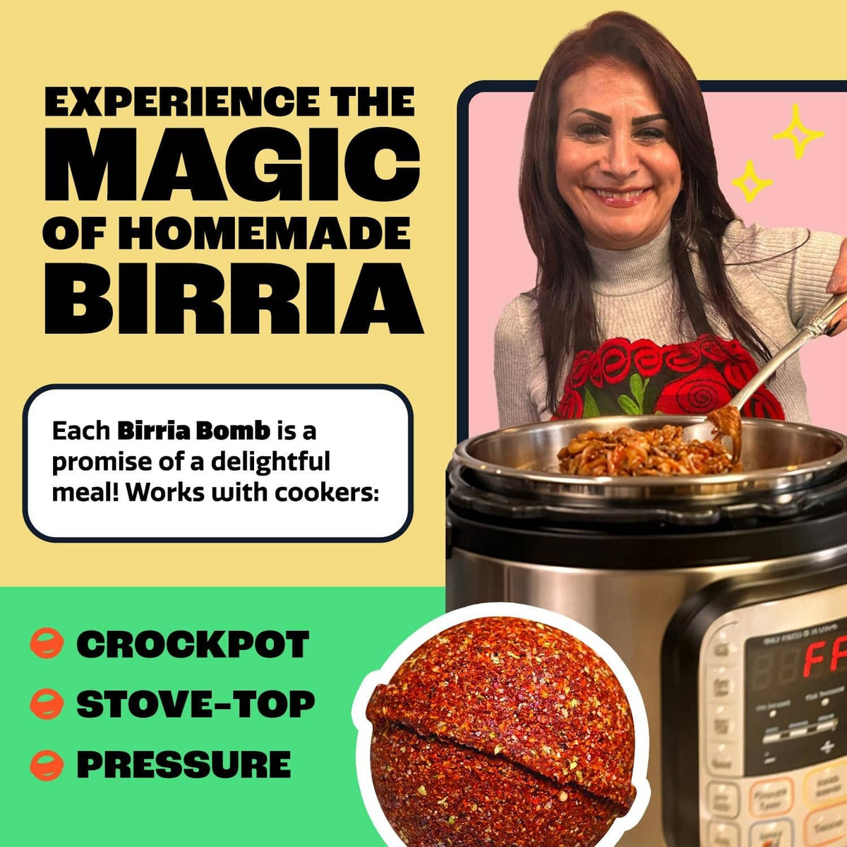 Birria Bomb seasoning pack beside hot cooked food in a cooker, with spice blend circle