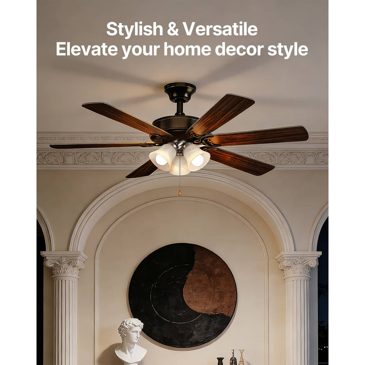 3-light ceiling fan light kit centered under a ceiling fan, white glass shades