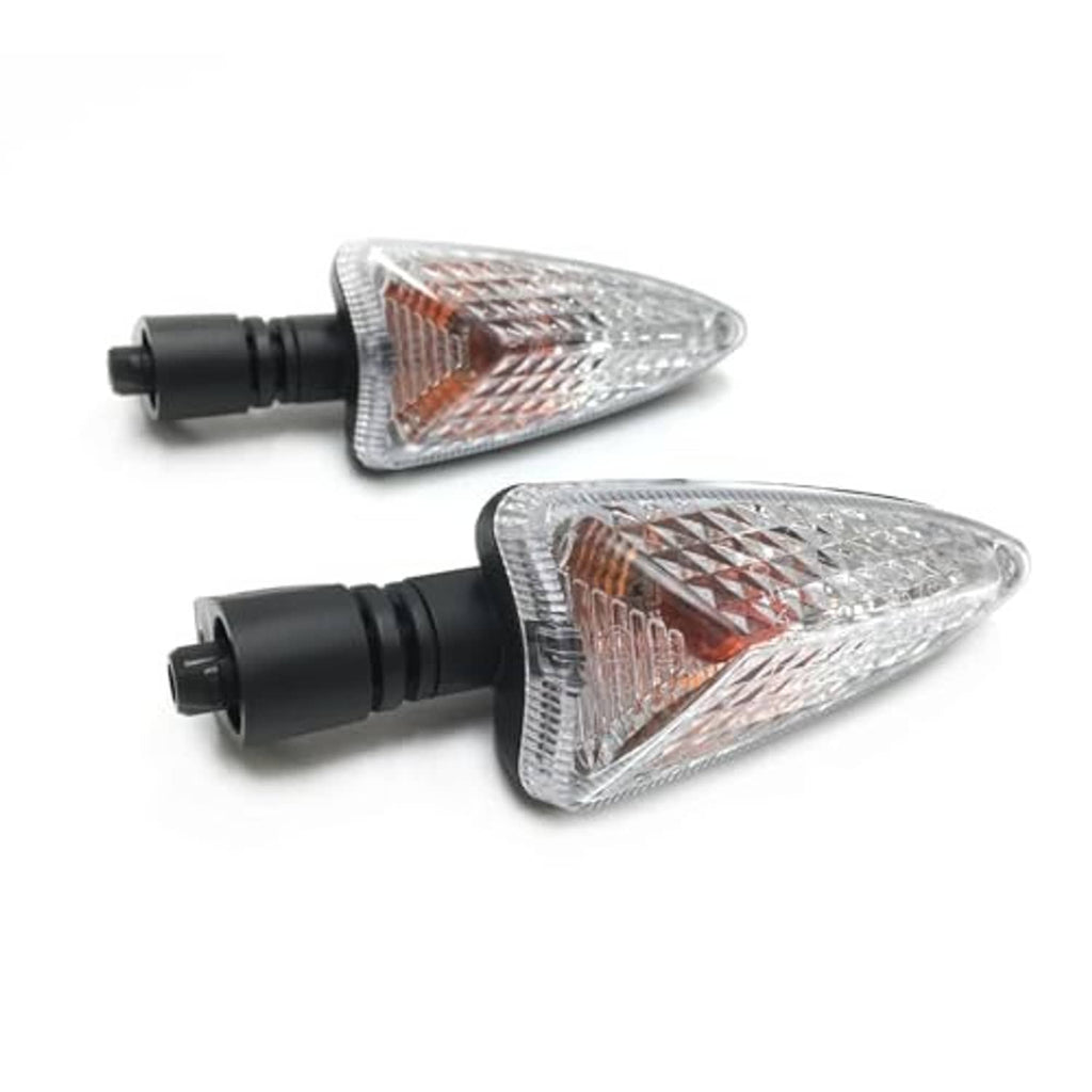Pair of front motorcycle turn signal lights with clear lens, amber reflector, black base