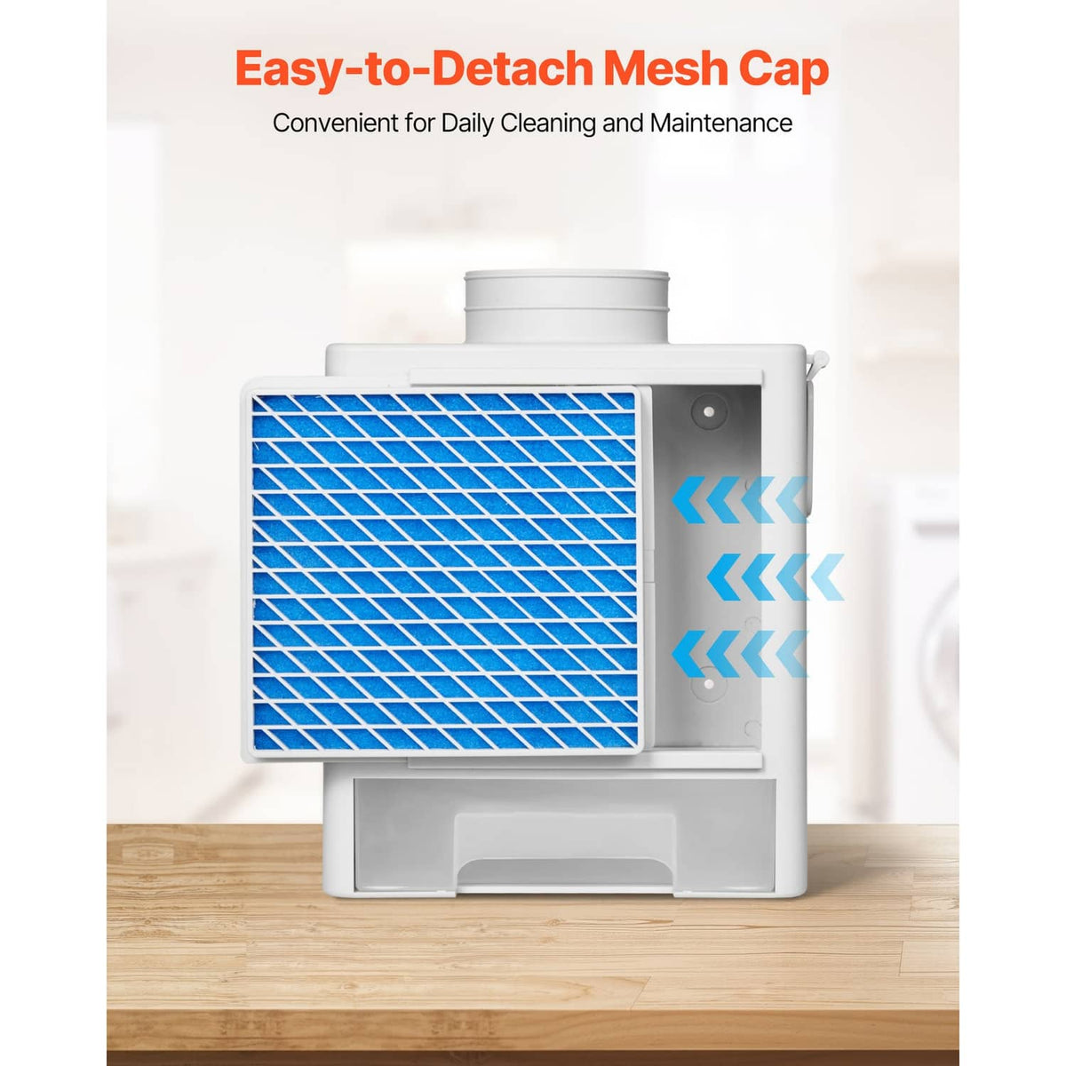 Indoor dryer vent kit with blue mesh cap filter and open front panel for cleaning