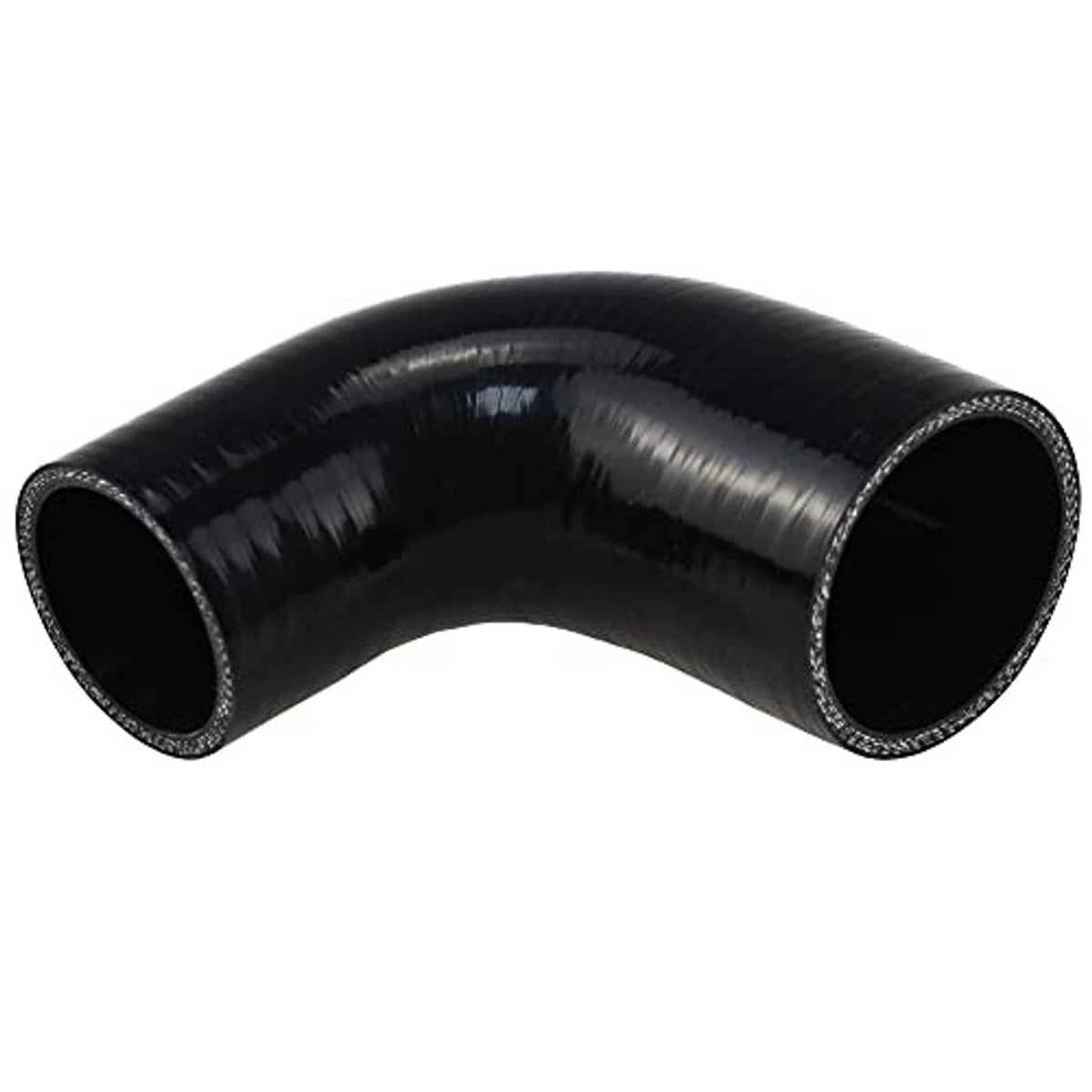 Black 90-degree silicone hose elbow with textured seam around both openings