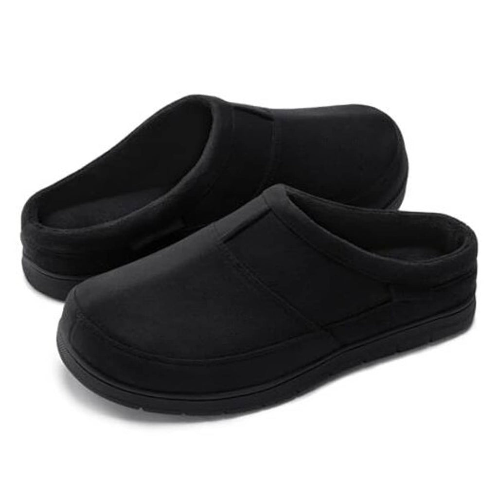 Black men's slip-on house slippers with faux suede upper and cushioned foam insole