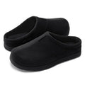 Black men's slip-on house slippers with faux suede upper and cushioned foam insole