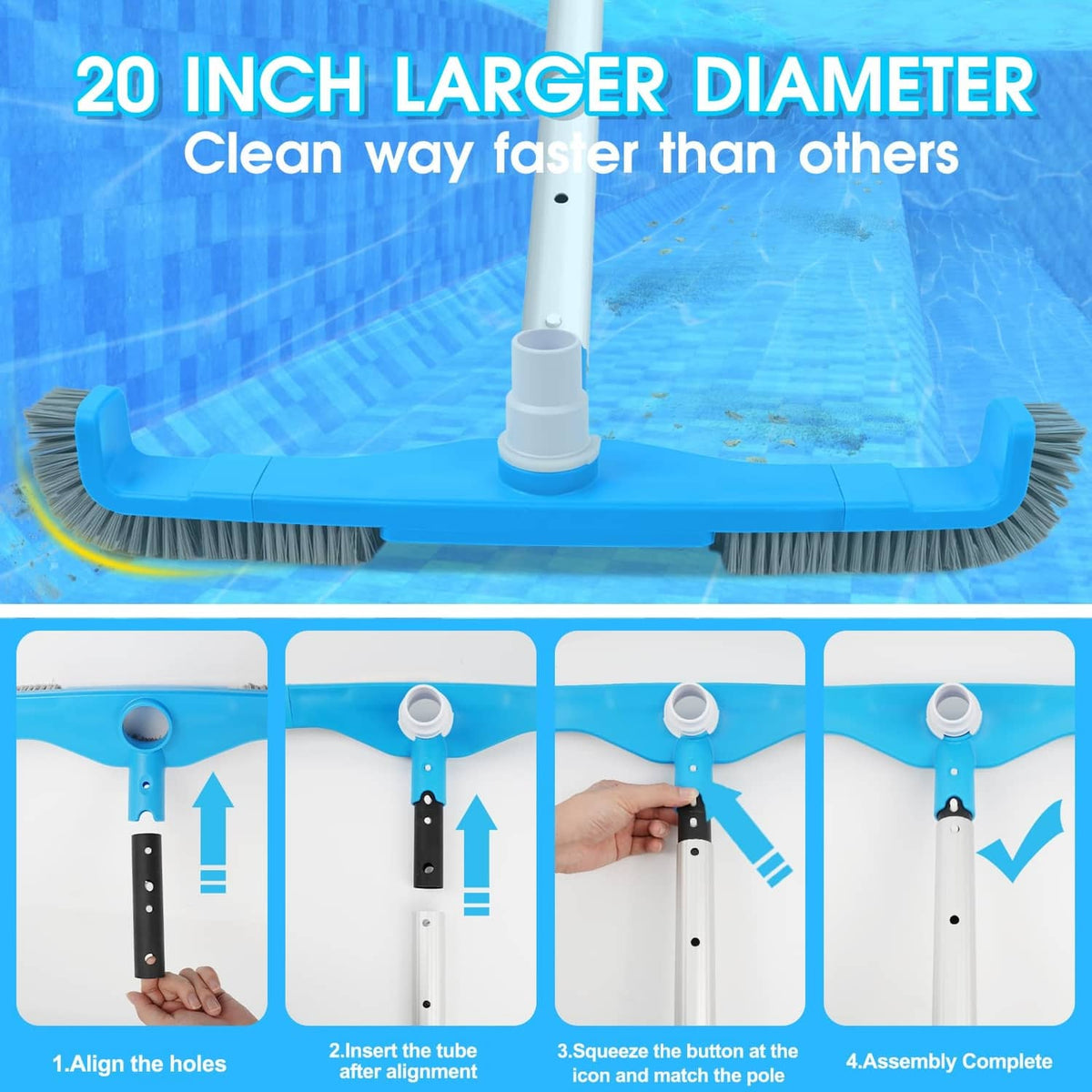 Blue 20-inch pool vacuum brush head with corner bristles and hose port