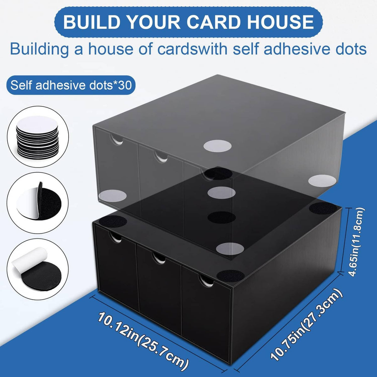Black cube trading card storage box with card slots on three sides