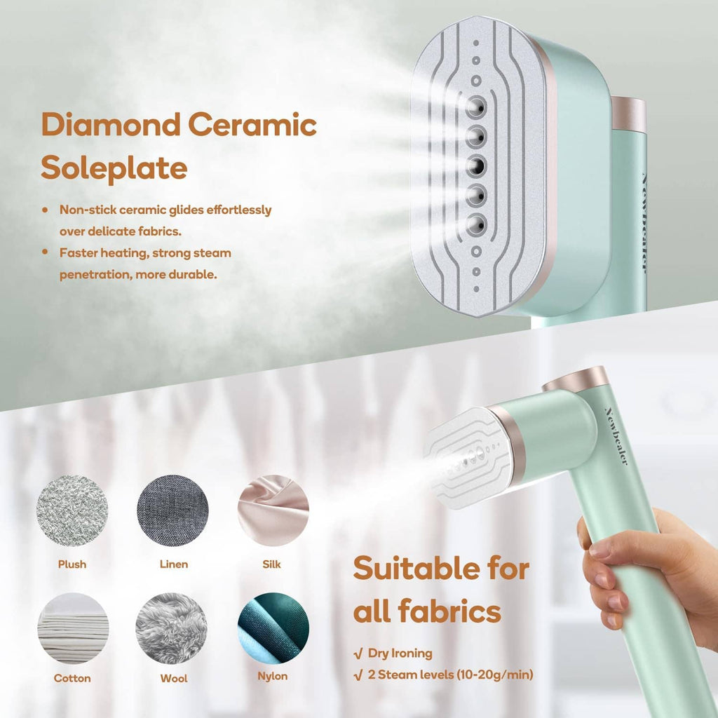 Mint garment steamer with large diamond-pattern steam plate and nozzle