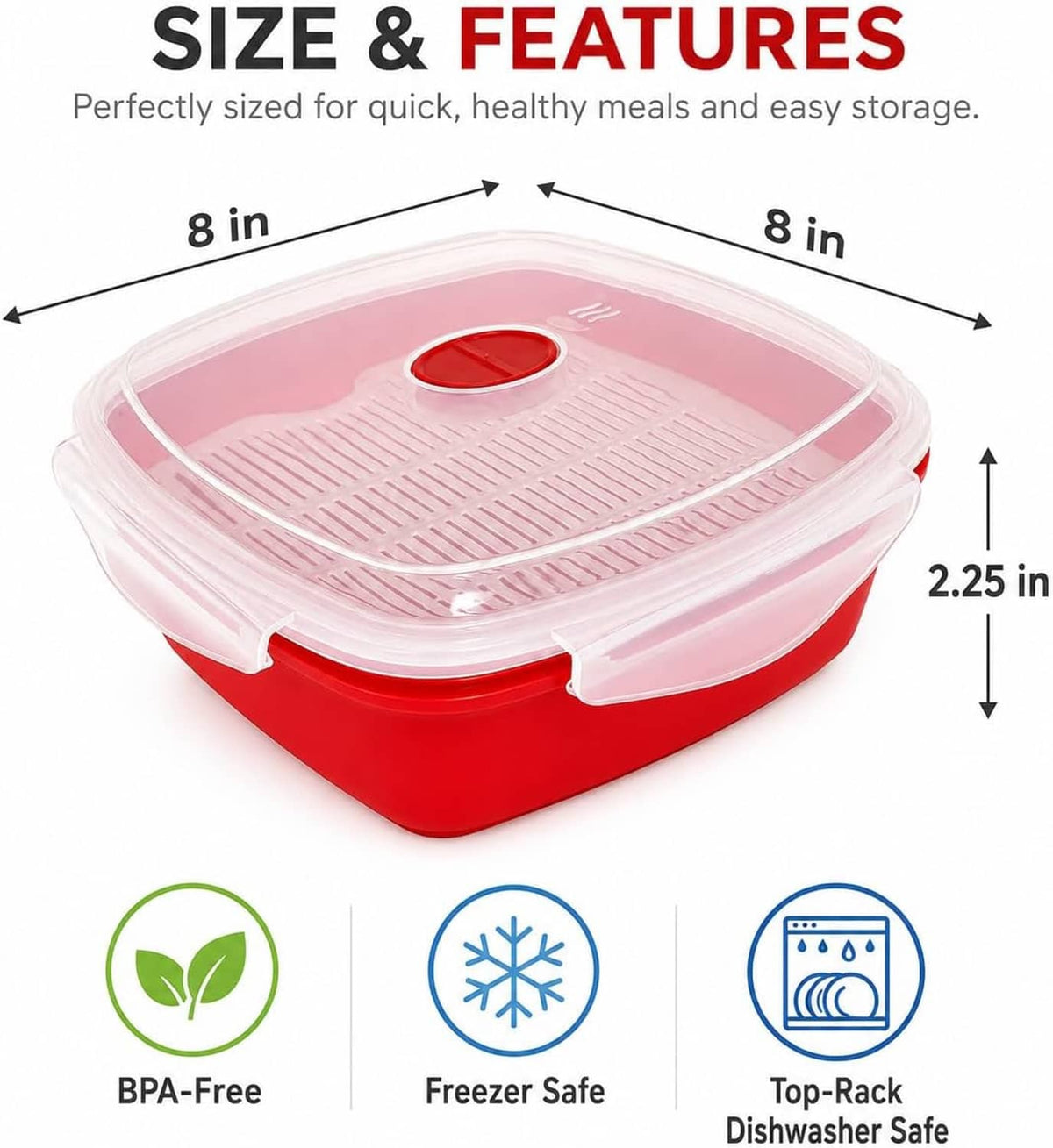 Vented microwave steamer dimensions view: clear lid over red base with steam vent