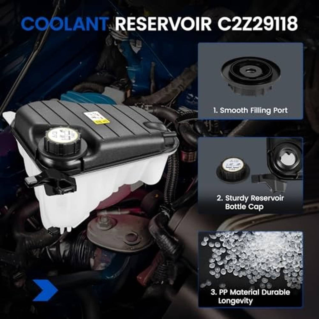 Engine coolant reservoir tank with black lid and round cap, shown installed in engine bay.