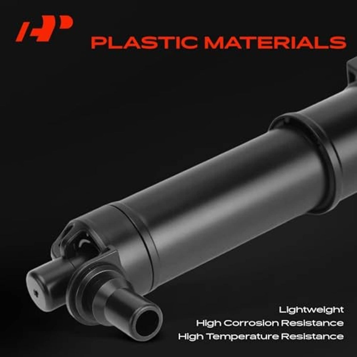 Black plastic headlight washer nozzle, close-up of cylindrical housing and outlet