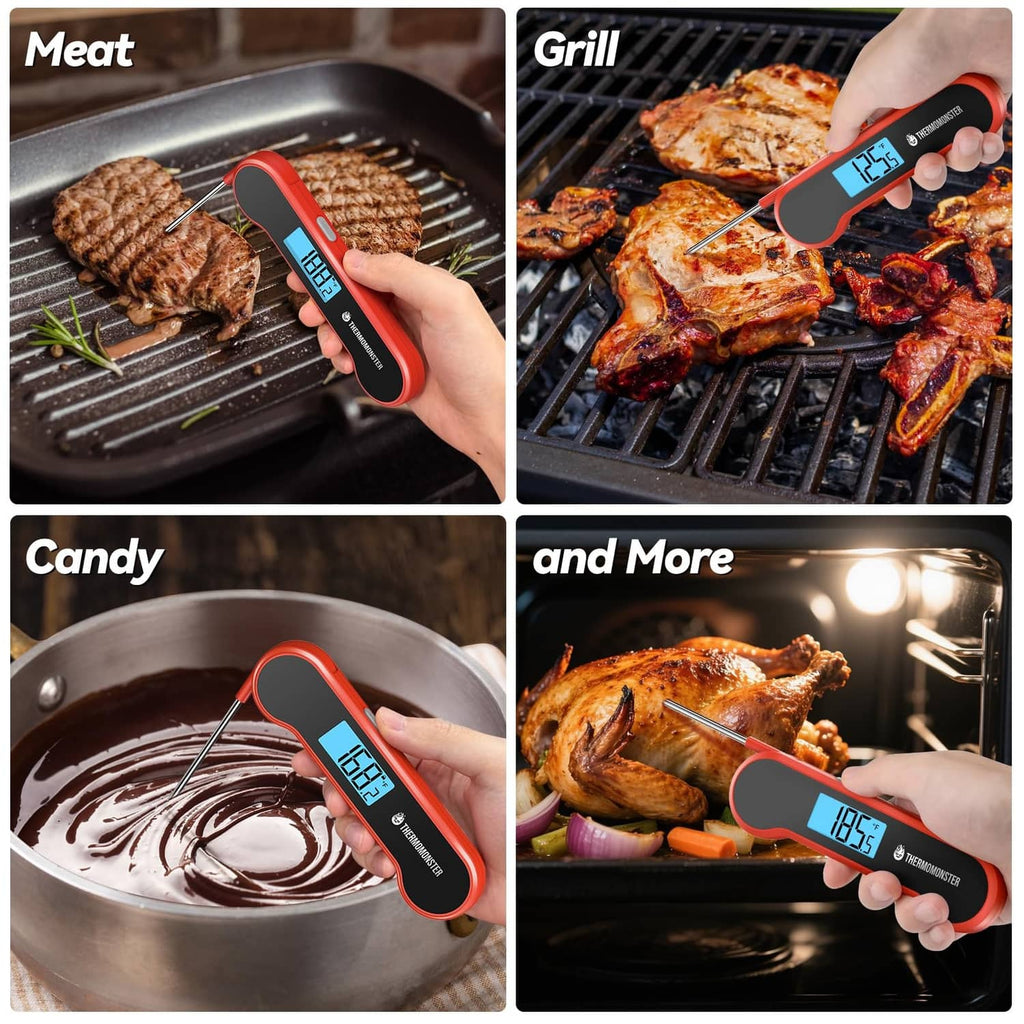 Red digital thermometer measuring grill meat, candy, and roasted food temperatures