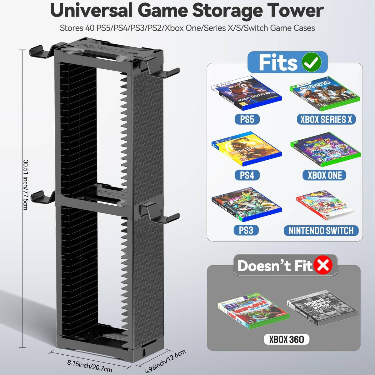 Black universal game storage tower stand with two open shelves for game cases