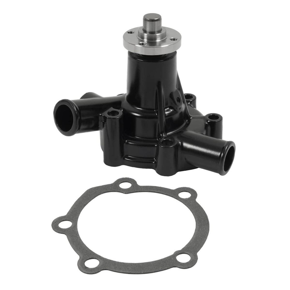 Water pump with black body and silver top shaft, shown with circular gasket