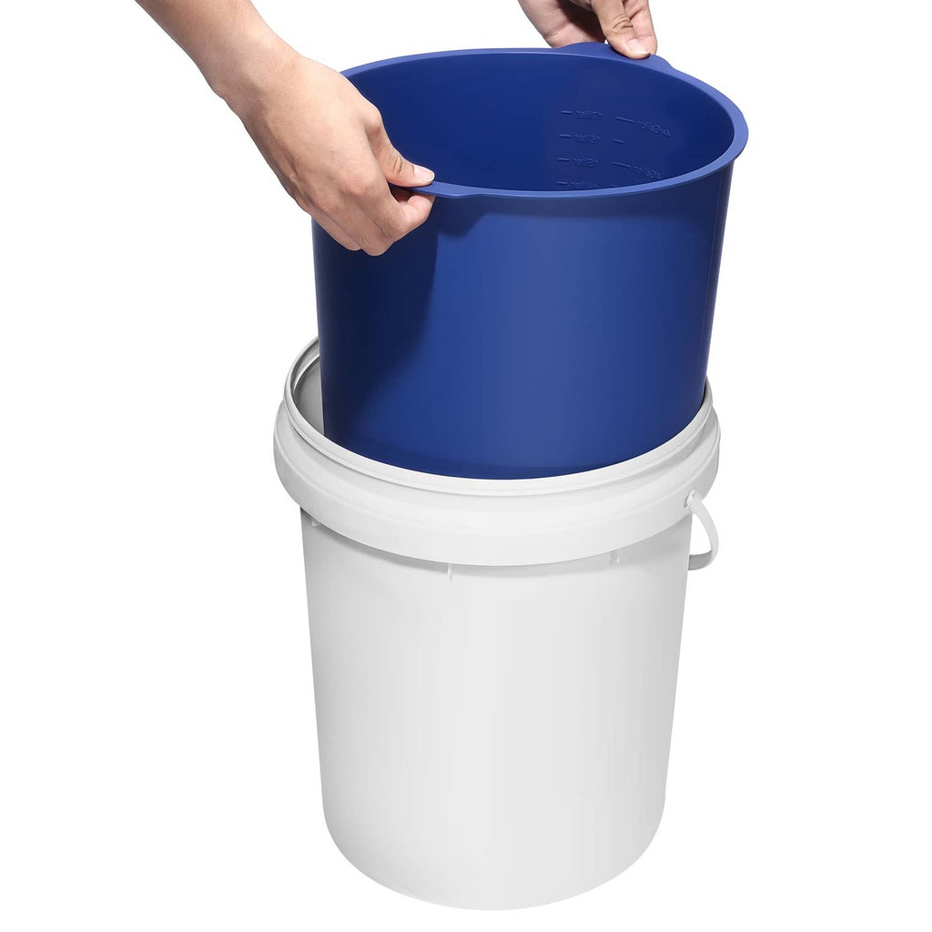5-gallon blue silicone liner inserted into a white bucket