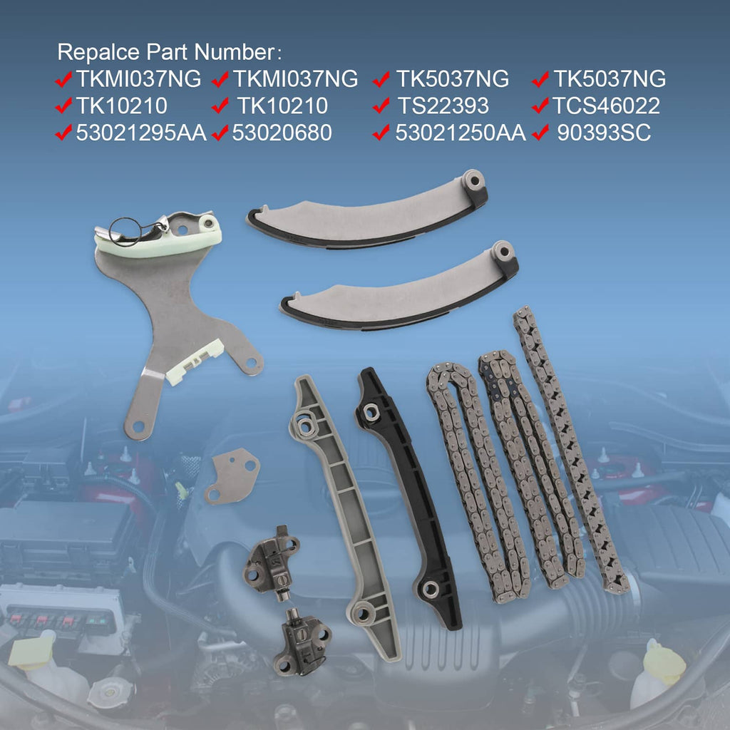 Timing chain kit parts arranged: timing chains, guide rails, tensioners, and mounting brackets