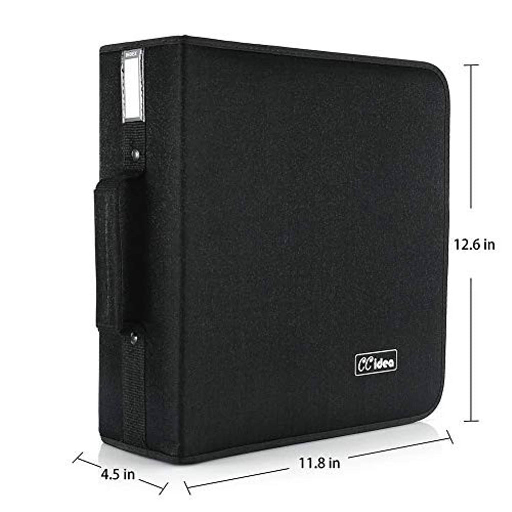 Black CD/DVD storage case with front flap pocket and side button strap