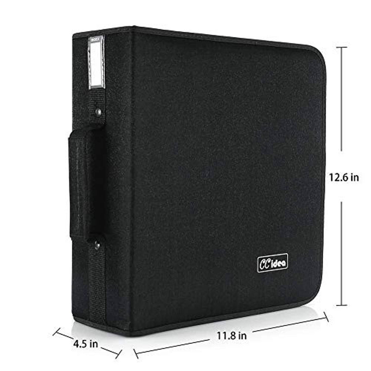 Black CD/DVD storage case with front flap pocket and side button strap