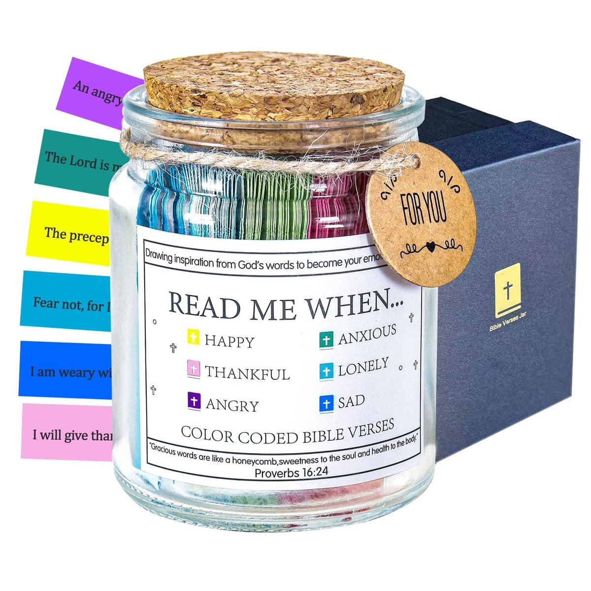 Glass jar with cork lid and color-coded Bible verse cards, 'Read Me When' label