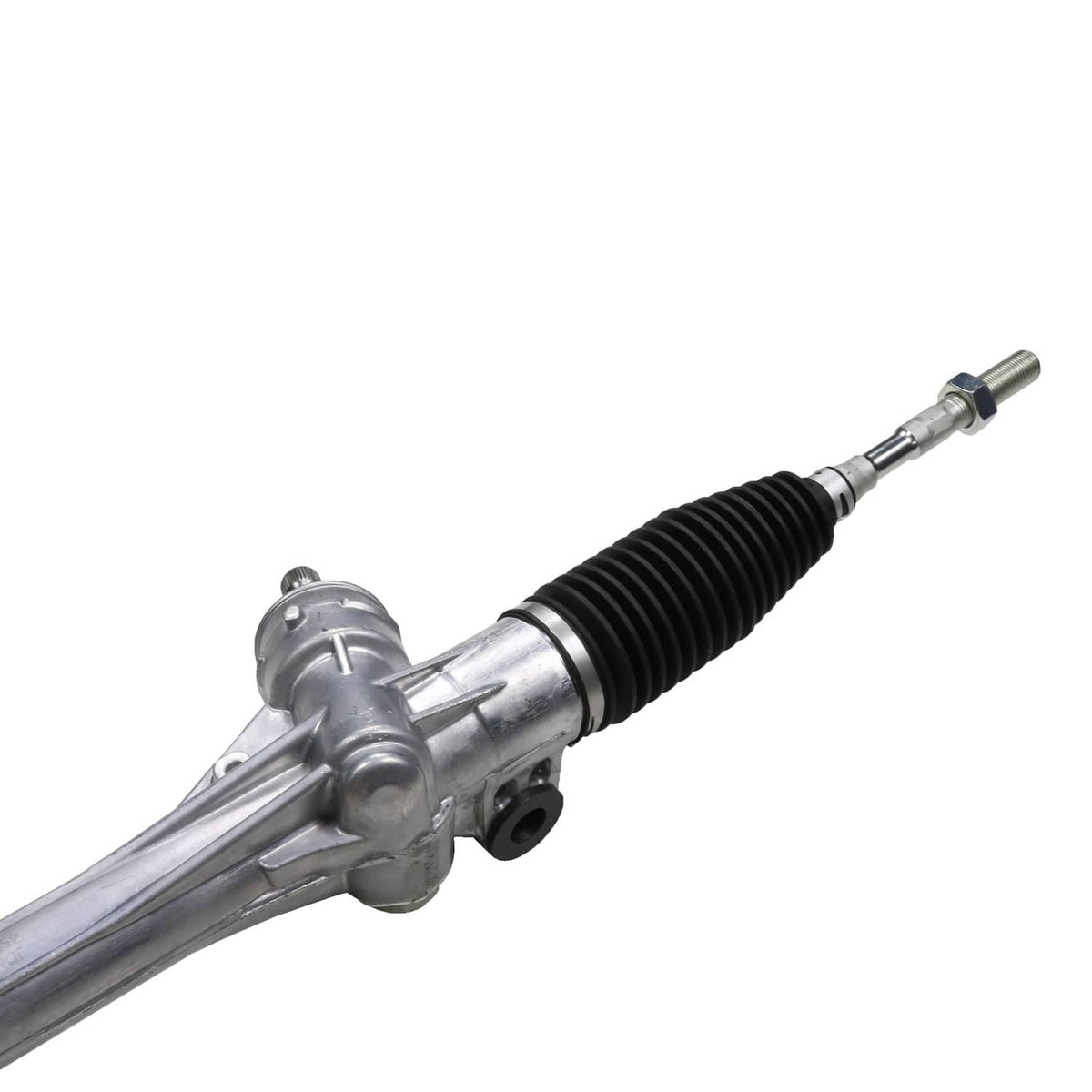 Power steering rack end with black bellows boot, silver housing, and mounting hole