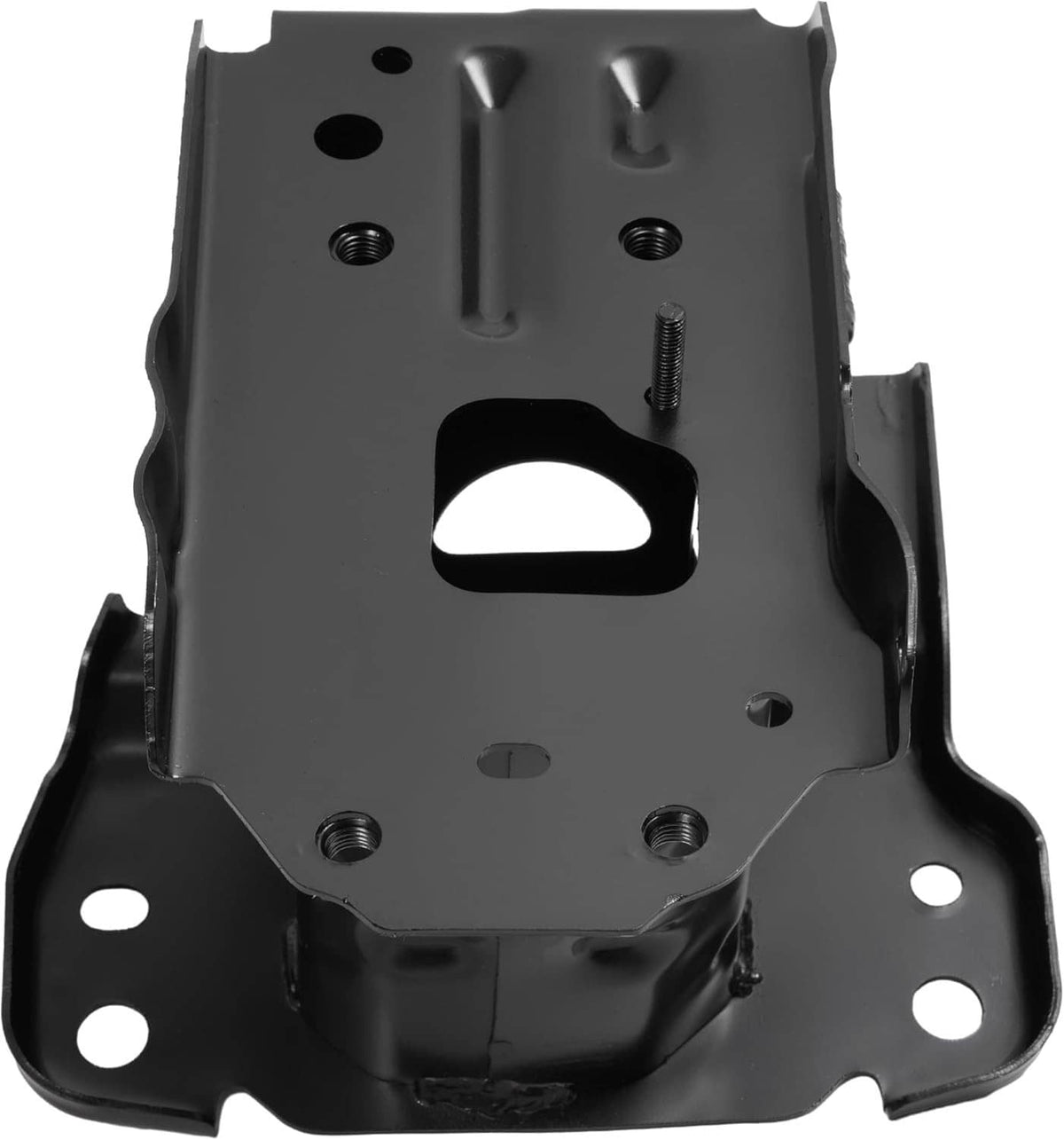 Front bumper reinforcement impact bracket, black metal base plate with threaded holes and cutout