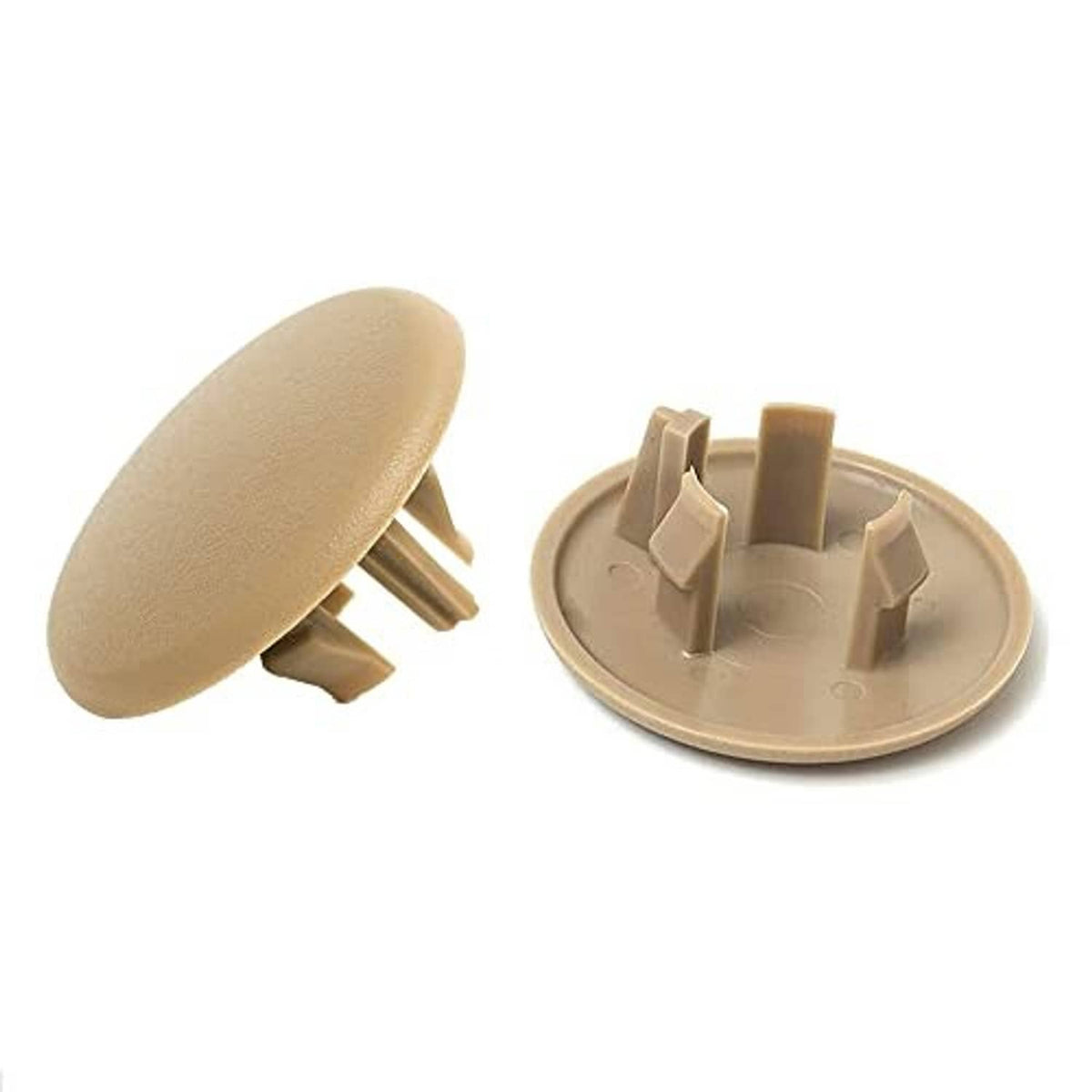 Beige armrest cover cap set: oval pad and round base with mounting tabs