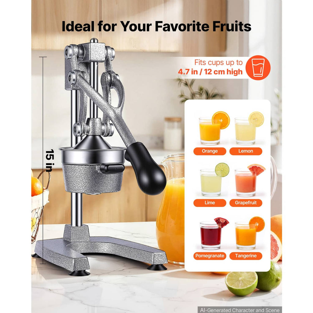 Manual citrus juicer with lever handle and collection container, silver gray finish