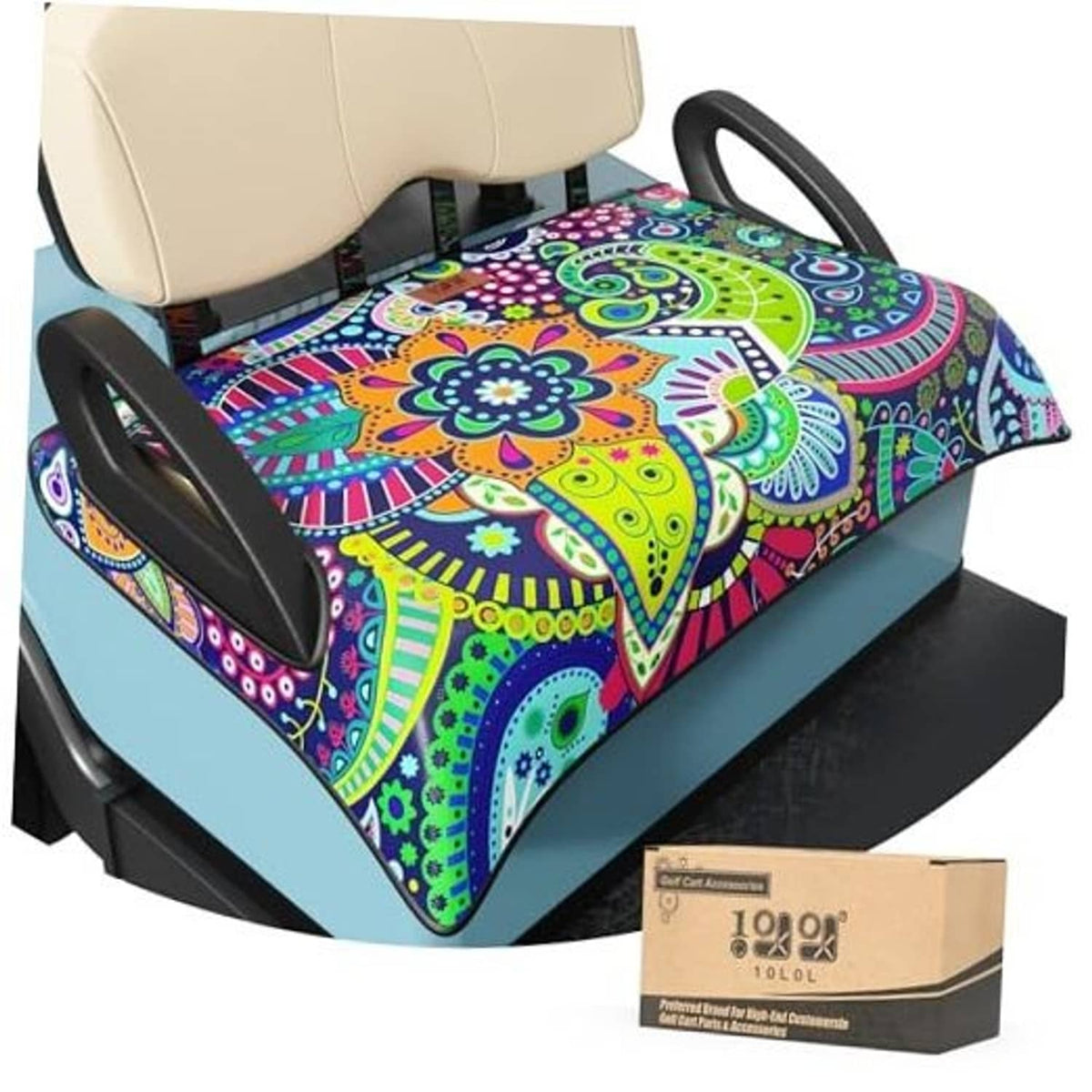 Golf cart seat cover blanket with colorful mandala pattern on blue cart seat