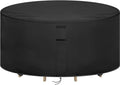 Round black patio table cover with central panel and drawstring cord at bottom edge