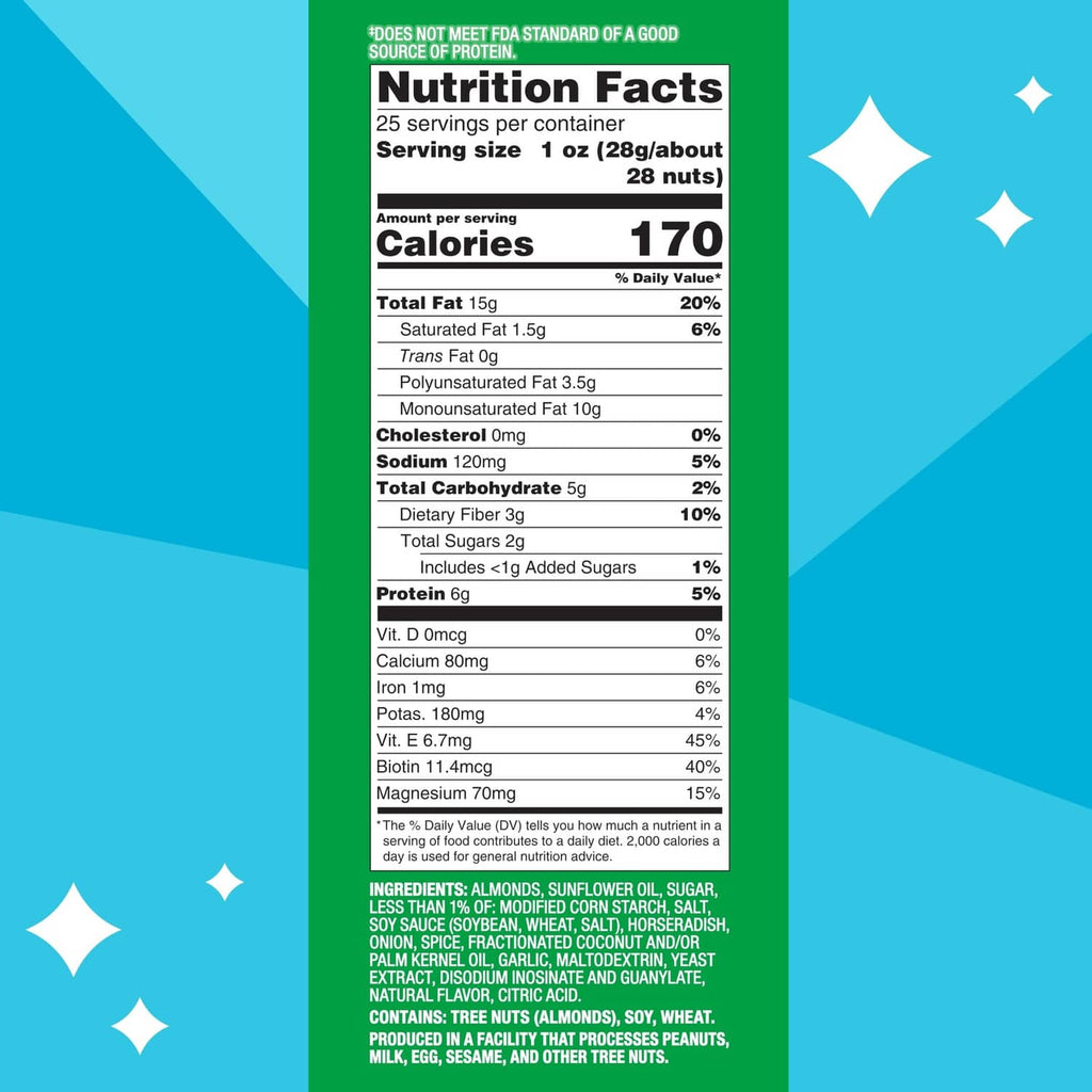 Nutrition facts panel for wasabi & soy sauce flavored Blue Diamond almond snack nuts