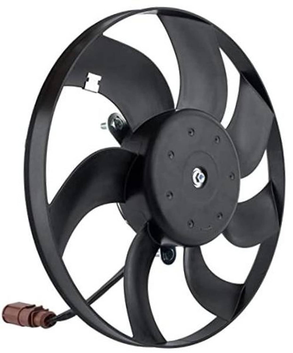 Black radiator cooling fan assembly with 4 curved blades and brown electrical connector