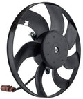 Black radiator cooling fan assembly with 4 curved blades and brown electrical connector