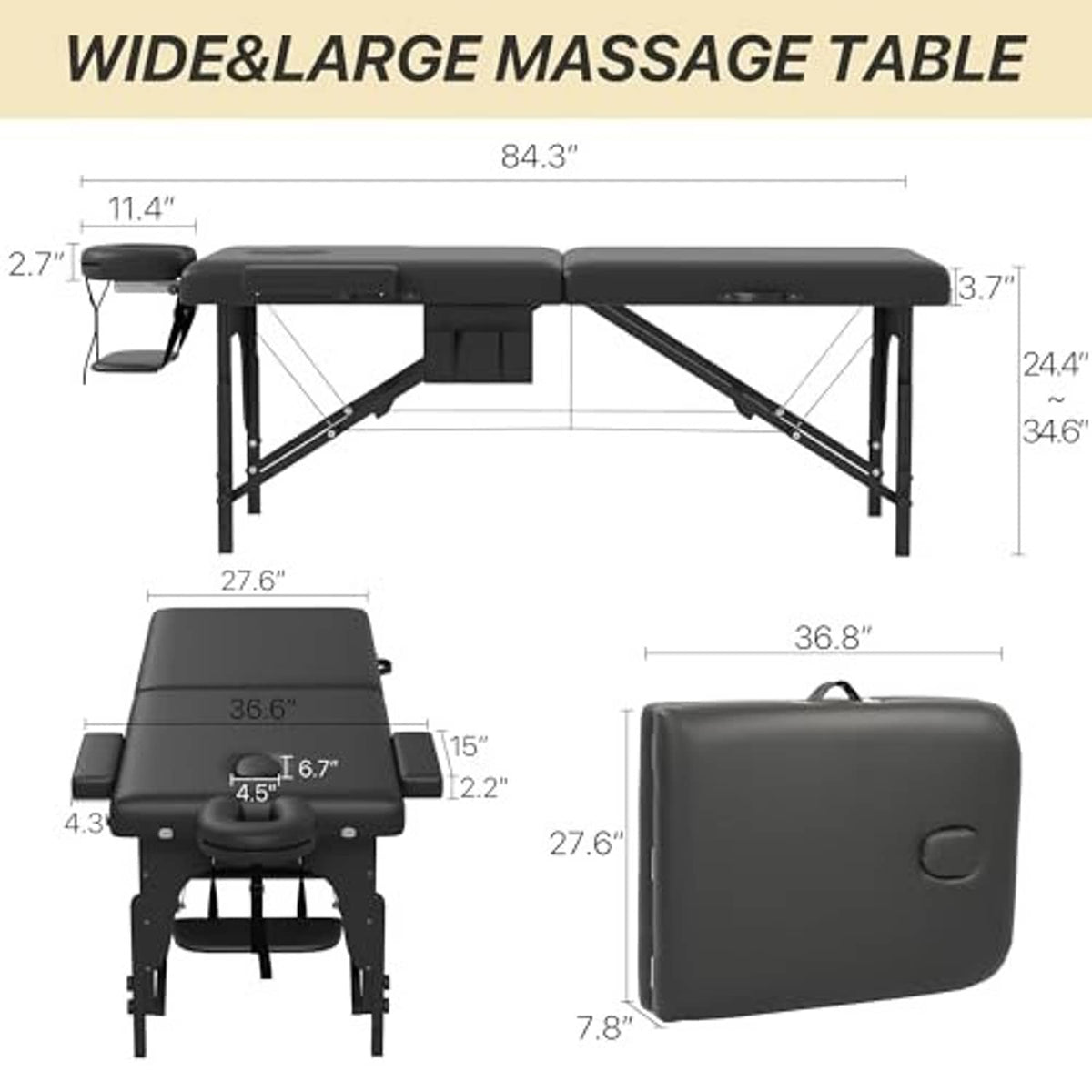 Foldable massage table with wide dark gray cushion top, black legs, included carrying bag
