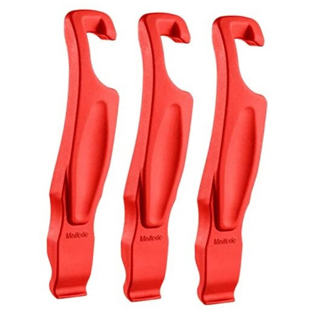 Set of three red bicycle tire levers with curved hooks and molded grip