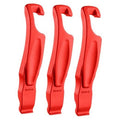 Set of three red bicycle tire levers with curved hooks and molded grip
