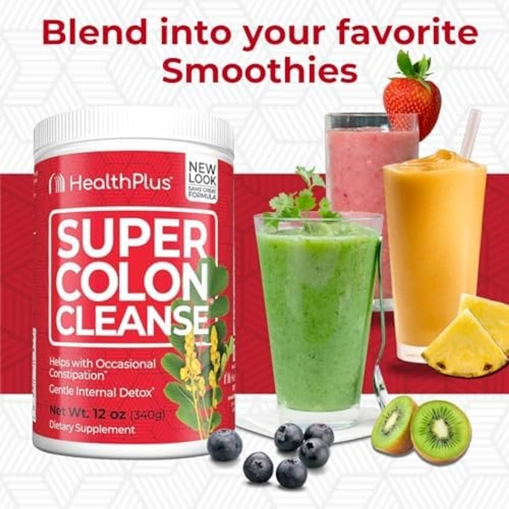 Super Colon Cleanse supplement bottle with red label next to smoothie ingredients