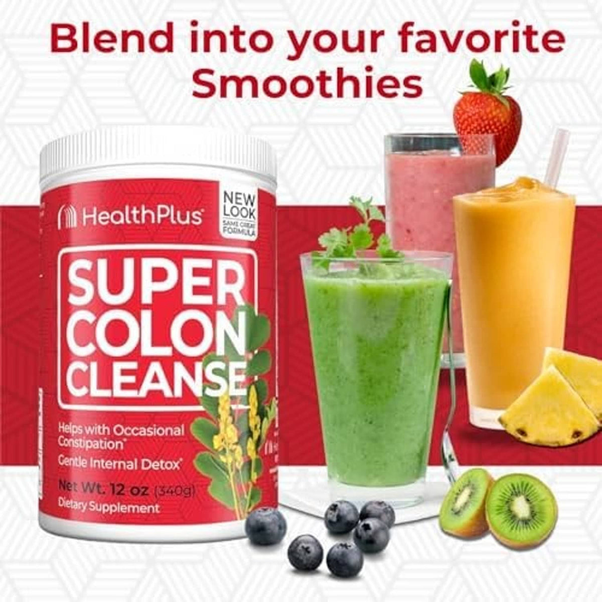 Super Colon Cleanse supplement bottle with red label next to smoothie ingredients