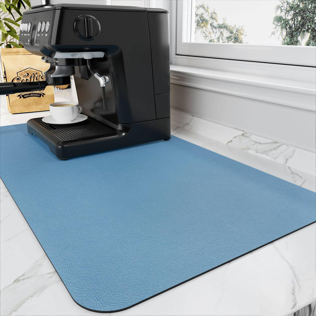 Blue absorbent coffee mat with rubber backing, rounded corners