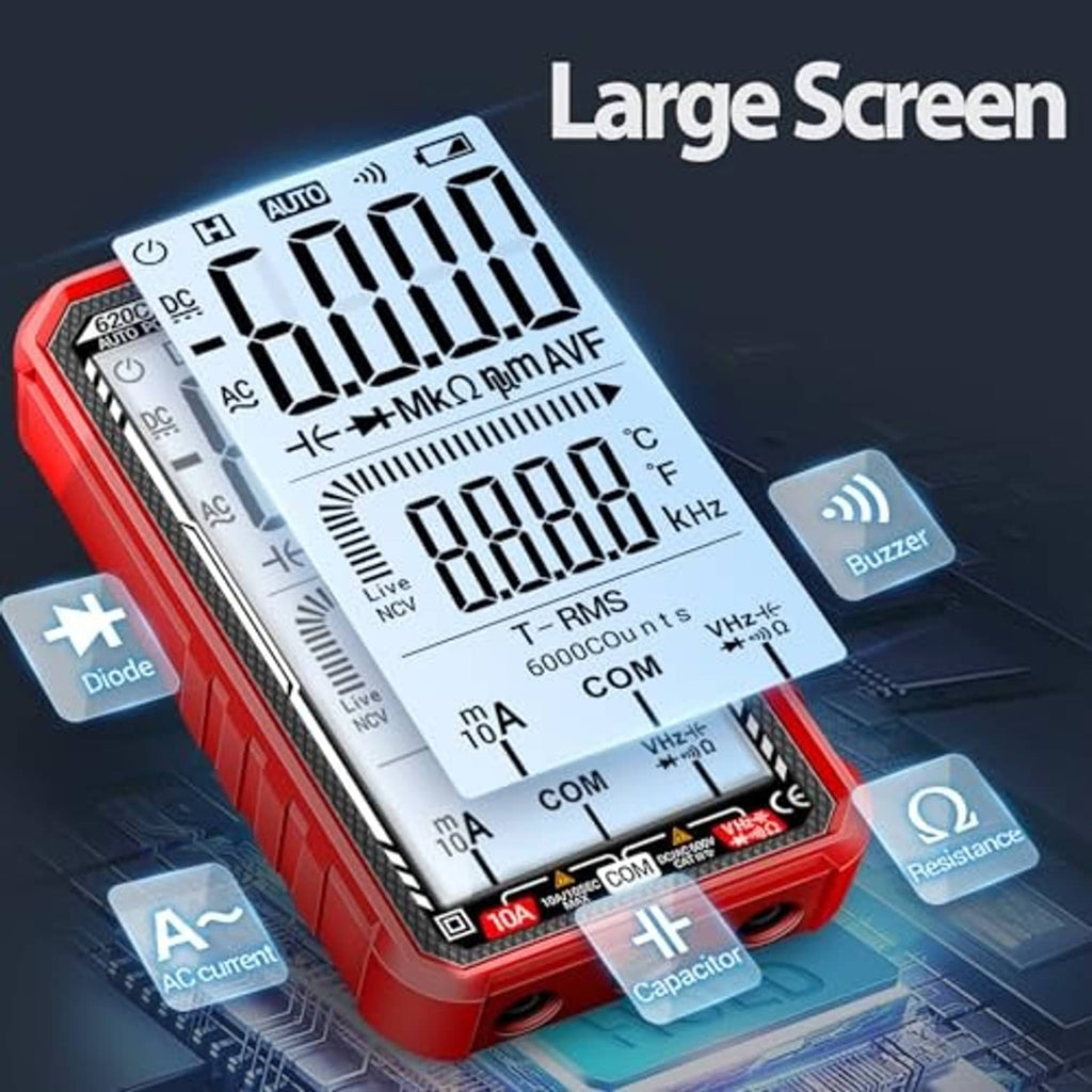 Red digital multimeter tester with large screen and highlighted measurement function icons