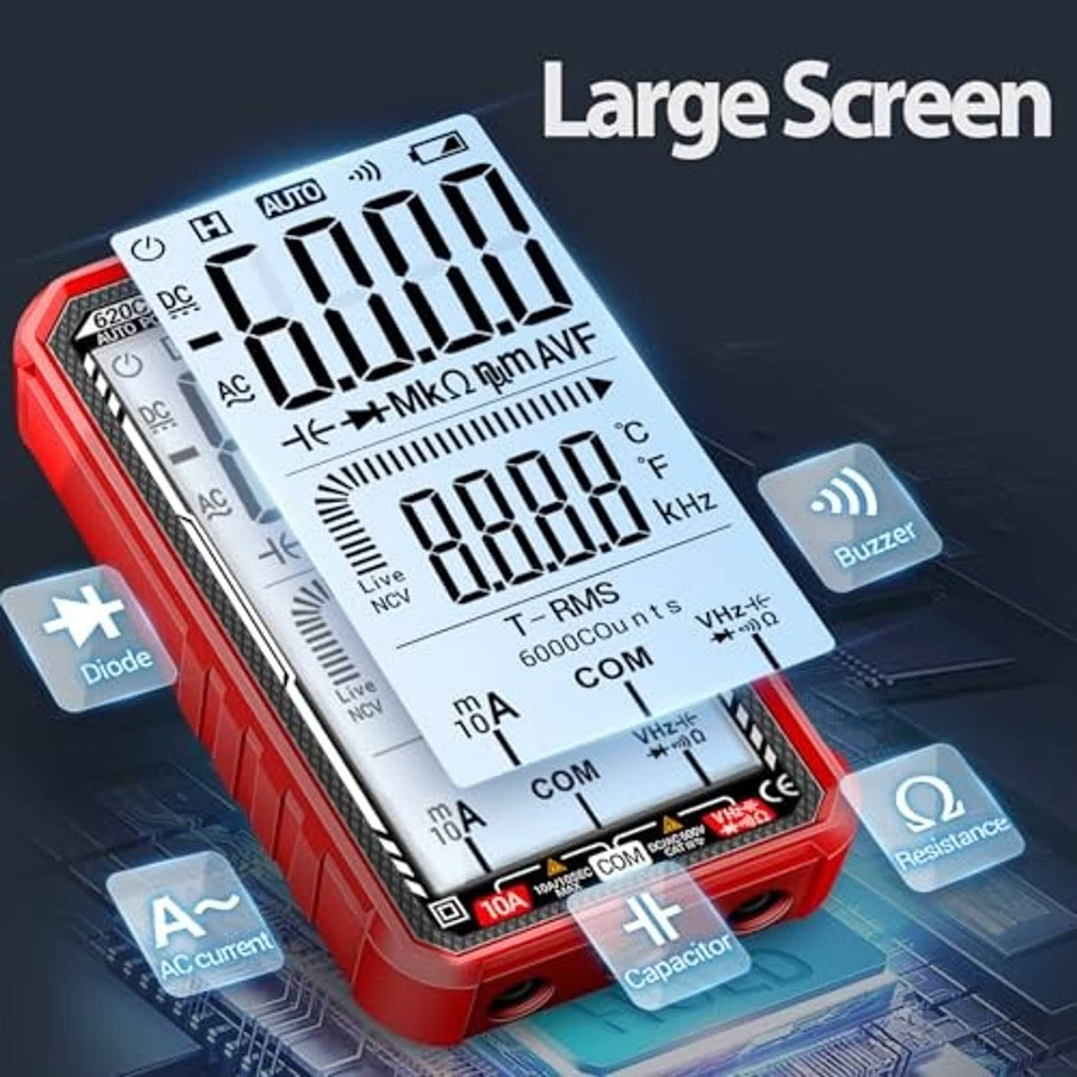 Red digital multimeter tester with large screen and highlighted measurement function icons