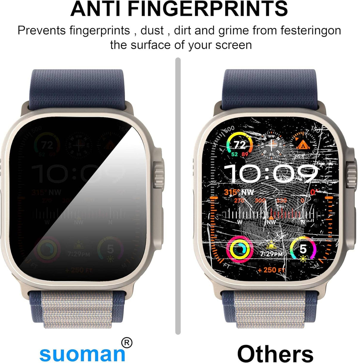 Privacy screen protector on a silver Apple Watch with blue fabric band, darkened display