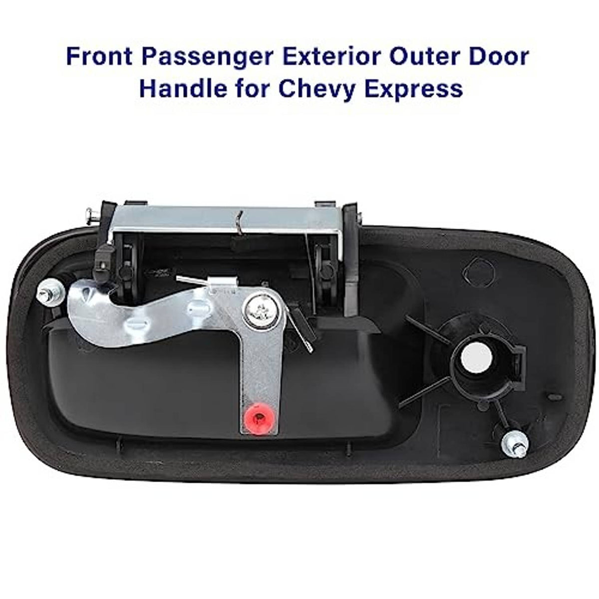 Exterior door handle assembly with latch components and key cylinder opening.