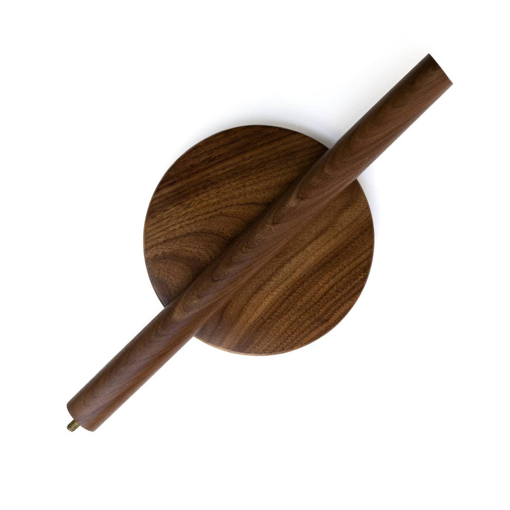 Dark walnut wood paper towel holder base disc with matching rod