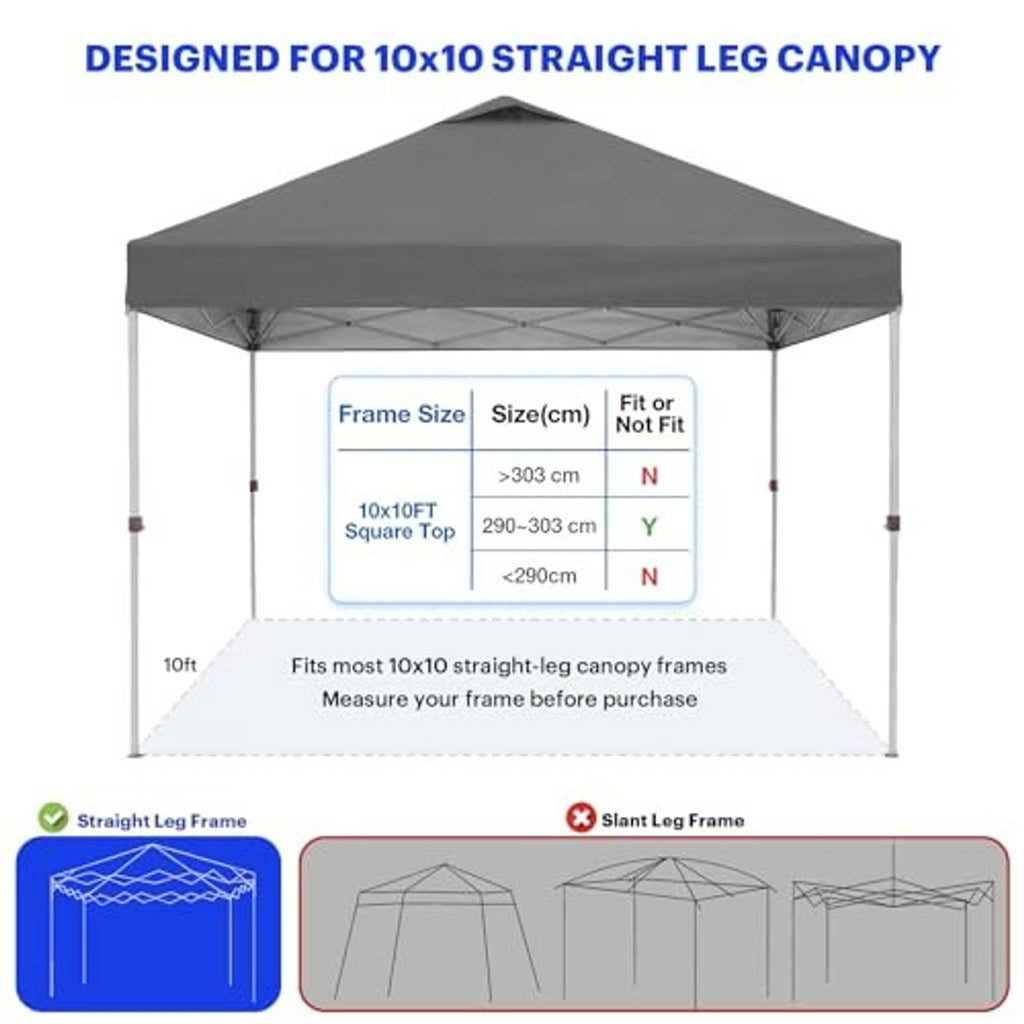 10x10 straight-leg canopy top cover diagram with size-fit chart