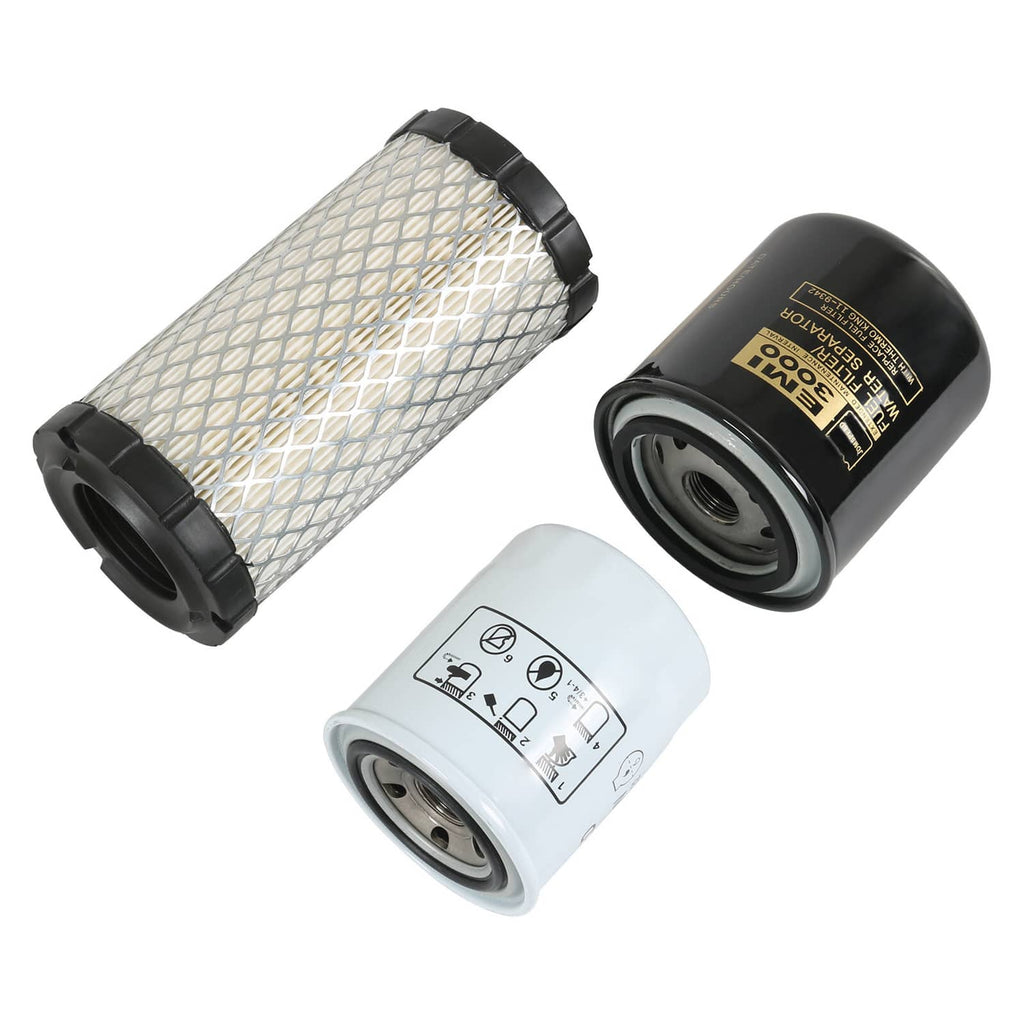 Set of replacement filters: pleated air filter, dark oil filter, and white fuel filter, close-up